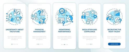 Biggest challenges facing business blue onboarding mobile app screen. Walkthrough 5 steps graphic instructions pages with linear concepts. UI, UX, GUI template. vector