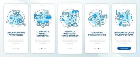 Biggest business strategy issues blue onboarding mobile app screen. Walkthrough 5 steps graphic instructions pages with linear concepts. UI, UX, GUI template. vector