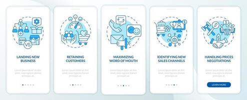 Problems in sales management blue onboarding mobile app screen. Walkthrough 5 steps graphic instructions pages with linear concepts. UI, UX, GUI template. vector