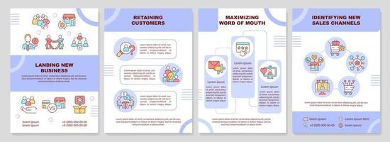 plantilla de folleto púrpura de problemas de ventas comerciales. retención de clientes. diseño de folletos con iconos lineales. 4 diseños vectoriales para presentación, informes anuales. vector