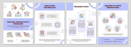 Employee problems management purple brochure template. Training staff. Leaflet design with linear icons. 4 vector layouts for presentation, annual reports.