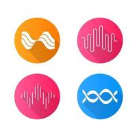 Sound waves flat design long shadow glyph icons set. Audio waves. Sound, voice recording. Music rhythm logotype. Soundwave, digital waveform frequency. Dj track playing. Vector silhouette illustration