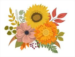 Autumn colorful floral arrangement in rustic style. Flowers, dry leaves, and berries. Isolated on white background. Autumn holiday cards design vector