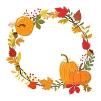 Autumn wreath with pumpkins and leaves. Thanksgiving day, harvest festival banner design template. Vector illustration. Isolated on white background.