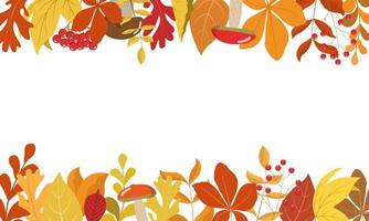 Autumn forest leaves horizontal border frame. Seasonal orange, yellow, brown leaves, cute mushrooms, rowan berries. Great design for Thanksgiving day, harvest holiday. Isolated on white background. vector