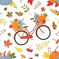 Cute red retro bike with autumn pumpkins, dry fall leaves, red rowan berries, and forest mushrooms. Isolated on white background. Vector illustration.