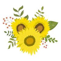 Cute floral arrangement with bright sunflowers, leaves, branches, and berries. Bright bouquet vector illustration. Isolated on white background. Design for invitation card, banner