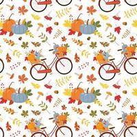 Vintage red bike with autumn pumpkins, colorful fall leaves, red berries, and forest mushrooms. Isolated on white background. Vector illustration.