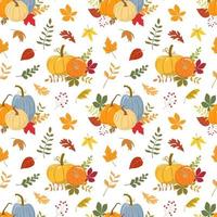 Autumn harvest festival vector seamless pattern with orange and yellow pumpkins, color forest leaves. Isolated on white background. Autumn harvest illustration. Thanksgiving wallpaper.