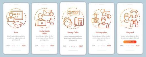 trabajos a tiempo parcial incorporación de naranja tutor de vectores de pantalla de la página de la aplicación móvil, fotógrafo, socorrista. paso a paso del sitio web con ilustraciones lineales. ux, ui, concepto de interfaz de teléfono inteligente gui