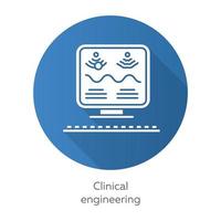 icono de glifo de sombra larga de diseño plano azul de ingeniería clínica. gestión de tecnología sanitaria. Uso de equipos de ultrasonido biomédico. bioingeniería ilustración de silueta vectorial vector