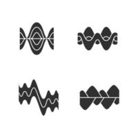 Sound waves glyph icons set. Silhouette symbols. Vibration, noise amplitude, level. Soundwaves, digital waveform. Audio, music, melody rhythm frequency. Wavy, curve lines. Vector isolated illustration