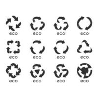 Eco labels glyph icons set. Arrows signs. Recycle symbols. Alternative energy. Environmental protection emblems. Zero waste products. Healthy food. Silhouette symbols. Vector isolated illustration