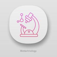 Biotechnology app icon. Biotech. Molecular biology. Microscope and molecule. Laboratory research. Biochemistry. UI UX user interface. Web or mobile applications. Vector isolated illustrations