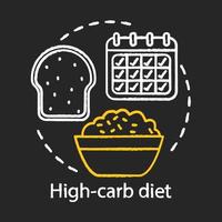 High carb diet chalk concept icon. Vegan lifestyle idea. Rice bowl, fresh bread and calendar with check marks vector isolated chalkboard illustration. Vegetarian nutrition, natural healthy food