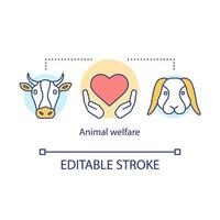 Animal welfare protection concept icon. Voluntary wildlife care idea thin line illustration. Veterinary clinic. Hands with heart symbol, bunny and cow vector isolated outline drawing. Editable stroke