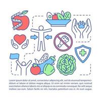 plantilla de vector de página de artículo de estilo de vida vegetariano. vaya folleto vegano, revista, elemento de diseño de folleto con iconos lineales y cuadros de texto. diseño de impresión. ilustraciones conceptuales con espacio de texto