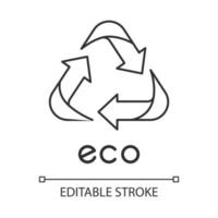 Eco label linear icon. Three angled arrow signs. Recycle symbol. Alternative energy. Environmental protection sticker. Thin line illustration. Contour symbol. Vector isolated drawing. Editable stroke