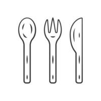 Reusable bamboo cutlery set linear icon. Zero waste recyclable kitchen tableware. Eco fork, knife, spoon. Thin line illustration. Contour symbol. Vector isolated outline drawing. Editable stroke