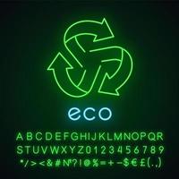 Eco label neon light icon. Three rounded arrows coming out of center sign. Recycle symbol. Environmental protection sticker. Glowing sign with alphabet, numbers, symbols. Vector isolated illustration