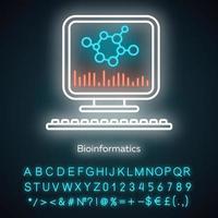 Bioinformatics neon light icon. Human genome research. Biochemical information. Biological data. Bioengineering. Glowing sign with alphabet, numbers and symbols. Vector isolated illustration