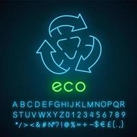 Eco label neon light icon. Three rounded arrow signs with triangle in center. Recycle symbol. Environmental protection sticker. Glowing sign with alphabet, symbols. Vector isolated illustration