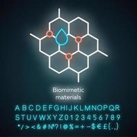 Biomimetic materials neon light icon. Biological materials structure. Honeycomb, water drop. Bioengineering. Glowing sign with alphabet, numbers and symbols. Vector isolated illustration