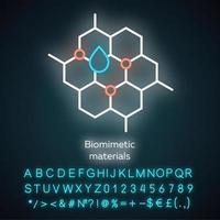 icono de luz de neón de materiales biomiméticos. estructura de los materiales biológicos. panal, gota de agua. bioingeniería signo brillante con alfabeto, números y símbolos. ilustración vectorial aislada vector