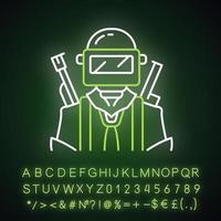 Game soldier neon light icon. Player with weapon in safety gear. Virtual game inventory. Player in protective helmet with guns. Glowing alphabet, numbers and symbols. Vector isolated illustration
