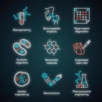 conjunto de iconos de luz de neón de bioingeniería. biotecnología. biología molecular, biomédica e ingeniería molecular. signos brillantes. Ilustraciones de vectores aislados