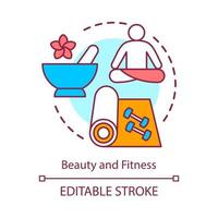 Beauty and fitness concept icon. Healthy lifestyle, natural cosmetics idea thin line illustration. Gym training, workout, yoga, meditation practice. Vector isolated outline drawing. Editable stroke