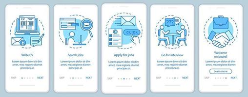 Job searching onboarding mobile app page screen with linear concepts. Write CV, apply job, interview, getting work graphic instructions. Steps graphic instructions. UX, UI, GUI vector template