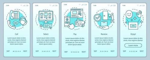 Pantalla de la página de la aplicación móvil de incorporación de compras en línea con conceptos lineales. llamar, seleccionar, pagar, recibir, disfrutar. compra digital. pasos instrucciones gráficas. ux, ui, plantilla de vector de interfaz gráfica de usuario con ilustraciones