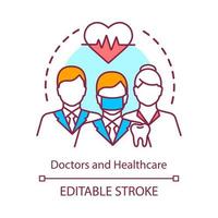 Doctors, healthcare concept icon. Medical workers, cardiologists, dentists in uniform idea thin line illustration. Health monitoring. Vector isolated outline drawing. Editable stroke....