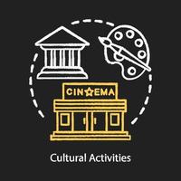 Icono de concepto de tiza de actividades culturales. idea de ocio, pasatiempo, idea de entretenimiento. visita al cine, recorrido por la ciudad, recreación urbana. vector aislado pizarra ilustración..