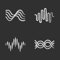 Sound waves chalk icons set. Audio waves. Sound, voice recording. Music rhythm logotype. Soundwave, digital frequency. Dj track playing, party, disco equalizer. Isolated vector chalkboard illustration