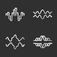 Sound waves chalk icons set. Audio, music, radio signal waves. Vibration, synergy, motion lines. Digital curve frequency. Voice recording, dj track waveform. Isolated vector chalkboard illustrations