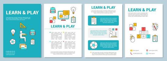 Learn and play brochure template layout. Children entertainment and education. Flyer, booklet, leaflet print design with linear illustrations. Vector page layouts for magazines, annual reports
