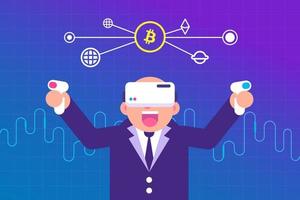 Bald Businessman Wearing VR In Metaverse With Crypto And Blockchain Illustration vector