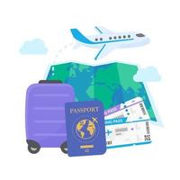 el mapa mundial está anclado para planificar los viajes de las aerolíneas internacionales. con equipaje y boletos de avión vector