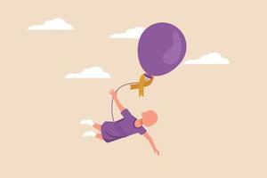 niño feliz niño con cáncer volando con globo púrpura. concepto del mes de concientización sobre el cáncer infantil. ilustración vectorial plana aislada.