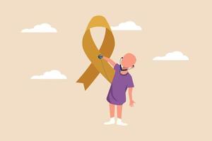niño feliz niño con cáncer comprobar cinta amarilla con estetoscopio. concepto del mes de concientización sobre el cáncer infantil. ilustración vectorial plana aislada.