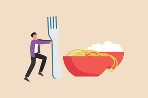 Young boy eats noodles and rice use fork. Eating activity concept. Colored flat graphic vector illustration.