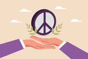 Peace icon on big hands. Peace day concept. Colored flat graphic vector illustration.