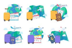 The world map is pinned to plan travel by international airlines. with luggage and plane tickets vector