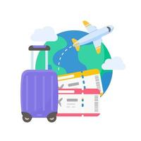 el mapa mundial está anclado para planificar los viajes de las aerolíneas internacionales. con equipaje y boletos de avión vector