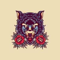 ilustración retro de lobo y rosa vector