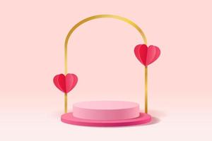 Abstract 3D pastel pink scene with cylinder stand for displaying products decorated with paper cut hearts and arch gold vector