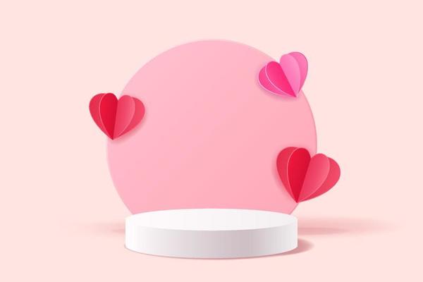 Abstract 3D scene for mockup, White cylinder stand for displaying products decorated with red and pink paper cut hearts, Valentine's day or Mother's day background