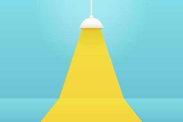 Pastel blue studio background with white lamp and yellow light for displaying products